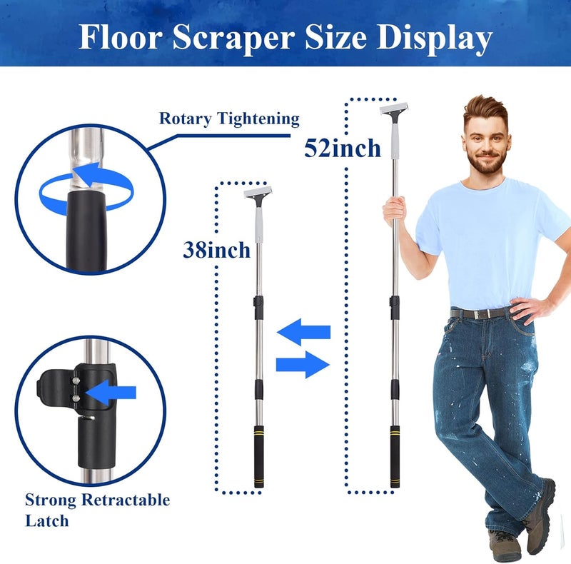 Frebuta 4"Razor Blade Floor Scraper with Long Handle,61in Adjustable Floor Scraper Heavy Duty with 10PCS Extra Metal Blades Paint Scraper for Cleaning Stickers Gum Glass Wall Tile (Retractable 52in) - Image 2